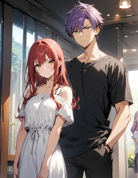 1boy(purple hair,green eyes, bored face, apathetic expression , moderated tall, casual dress) , 1girl(red hair ,golden eyes , good looking , casual, smiling),(cover page) ,light novel , ((best quality)), ((masterpiece)), (detailed), perfect face