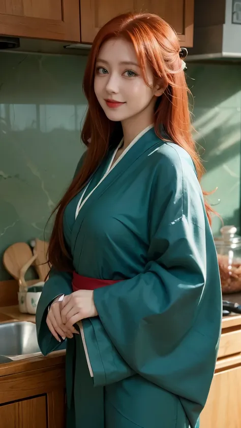 1girl, uzumaki kushina in anime noruto, long hair, red hair, blue eyes, beautifull, smile, kimono green, kitchen background, ultra detail, realistic, red lips