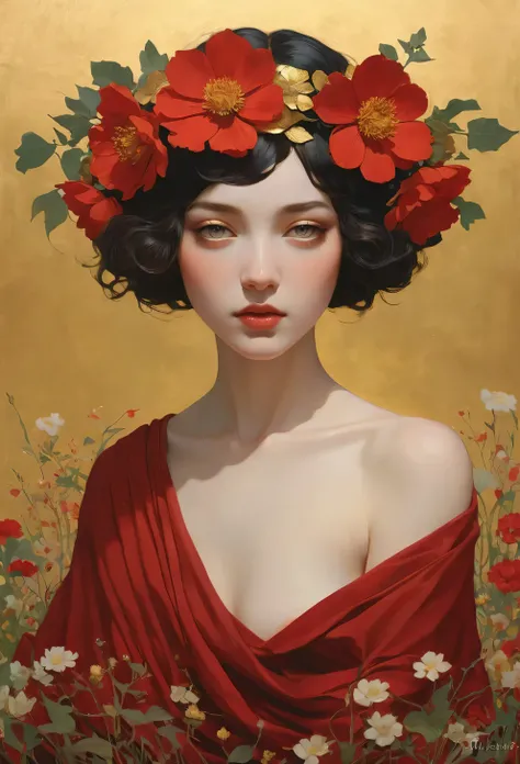 a painting of a woman with a flower crown on her head, flower goddess, woman in flowers, she has a crown of flowers, a goddess in a field of flowers, covered with flowers, mucha klimt and tom bagshaw, girl in flowers, persephone in spring, flower queen, go...