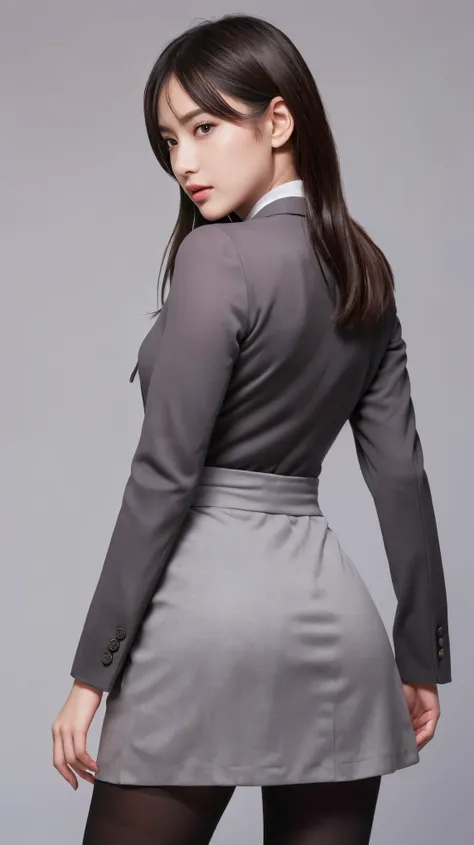 highest quality、best image quality、Ultra HD Images、((1 woman、look at the photographer))、((well-groomed face、Actress&#39;s face、The models face))、 back pose、 Rear view, Waist - Waist up shot、Portrait from below and from behind、((gray suit、Grey tight skirt、b...