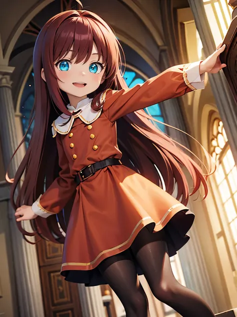 Burgundy hair, long hair, straight hair, cyan eyes, orange dress, brown tights, black shoes, small, short, little, young, flat, cheery, happy, church