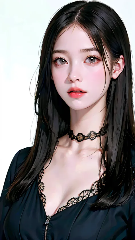 Beautiful girl with realistic black eyes, pale skin, long black hair, perfect face, perfect eyes, ((wearing a black coat)),((A tight lace dress with a plunging neckline)) very detailed, comprehensive movie, digital painting, 8K, cinematic lighting, highest...