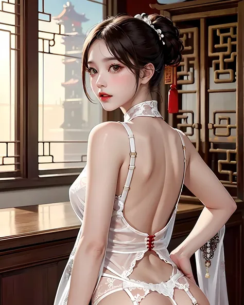 High resolution, adult woman , good lighting, despicable, , (No nudity), (((China dress))), (()), ((())), (garter belt), abdomen only, (), , cute face, I&#39;blush with embarrassment, humiliating, ((look back)), ((See-through))()(T-back)(A large amount of ...