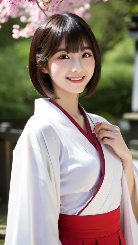 (white kimono and red long skirt、Slim,  and short hair,,、Close-up of a girl with blunt bangs:1.5)、(In the precincts of a Japanese shrine wearing a white kimono and long red skirt、The girl turns around with a smile:1.5)、(beautiful blue sky :1.3)、(perfect an...