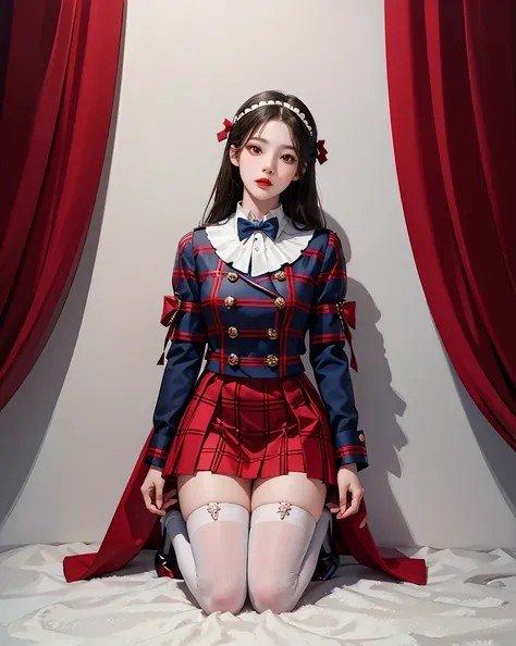 best quality person，master piece，ultimate resolution，Fluffy，very colorful，mature pretty woman，（JK uniform），neck bow tie，plaid skirt，（beauty&#39;s severed head），normal posture，red lip，（kneeling pose），Shackles，Behead，collar，handcuffs，anklet，（jane shoes with ...