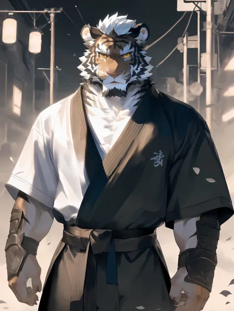 (white skintiger),(上half body赤膊:1.7),(martial arts衣服:1.4),(holding a long sword),(awesome posture),standing calmly,(the backgrou...