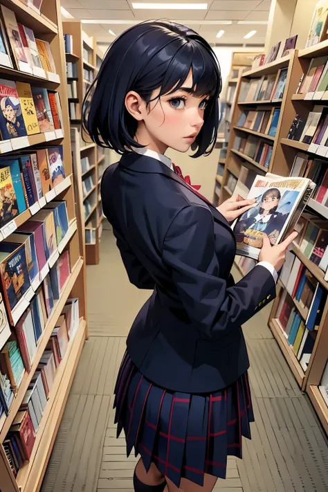 ((highest quality)), ((masterpiece)), (be familiar with),  Magazine section of a bookstoreにいる女子高生のback view、student bag、navy blazer、(Checked long skirt)、navy blue socks、((back view:1.1))、covert photography、(Directly behind low angle)、navy blue socksのクローズアッ...