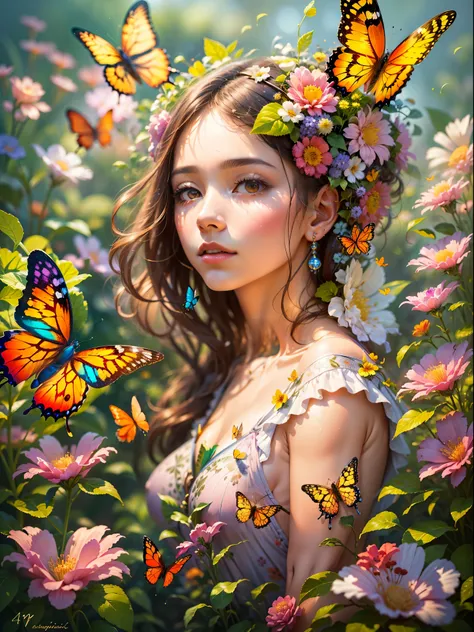 Chica con cabeza de mariposa, Rodeado de coloridos jardines, Colores suaves y relajantes, flores vibrantes, Las mariposas revolotean alrededor, suave luz del sol, fantastic atmosphere, Detailed and authentic features., pinceladas suaves, Oil painting mediu...