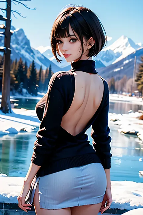 ((panty shot)),((lifting skirt)),((butts and back focus)),Vulgar,looking back,(( looking back at the viewer)),cleavage,low angle,from below,Vulgar,(black one piece knit sweater),((1girl,cute,young,pixie cut beautiful brown hair,blunt bangs,beautiful eyes))...