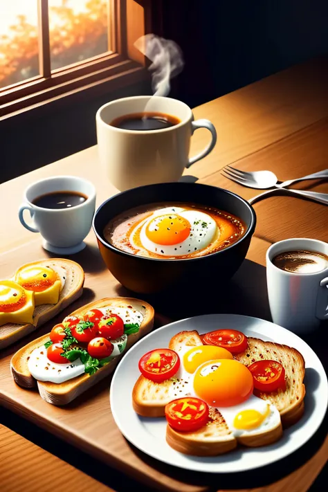 Eggs and toast、tomato、Smoky Hot Coffee、Lavish breakfast , pixar style , golden hour light,warm colors