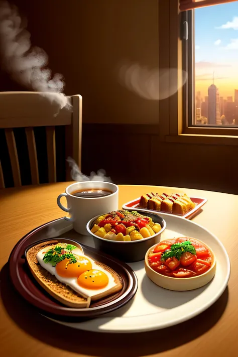 toast、tomato、Smoky Hot Coffee、Lavish breakfast , pixar style , golden hour light,warm colors