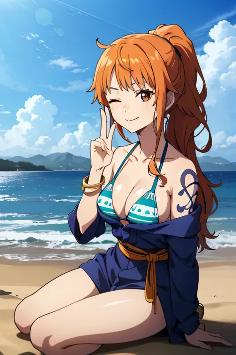 masterpiece, best quality, anime, highly detailed face, highly detailed background, perfect lighting, nami, 1girl, solo, one eye closed, long hair, smile, jewelry, sash, ((off the shoulder attire)) wearing bikini, outdoors, breasts, cloud, closed mouth, p...