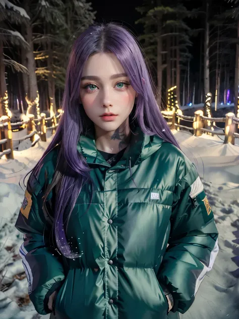 (8k), (highest quality), (best details)purple hair、green eyes、white down jacket、tattoo、straight long hair、beautiful french woman...