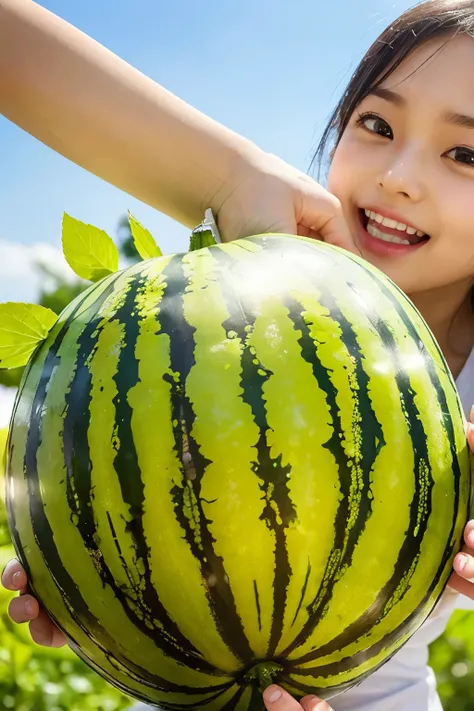 People in summer, with gleaming sweat on their brows, intently gaze at the frozen watermelon under the blazing sun. The watermelon, a vibrant red masterpiece of nature, shines in the high resolution of the scene. Its intricate detailed patterns are visible...