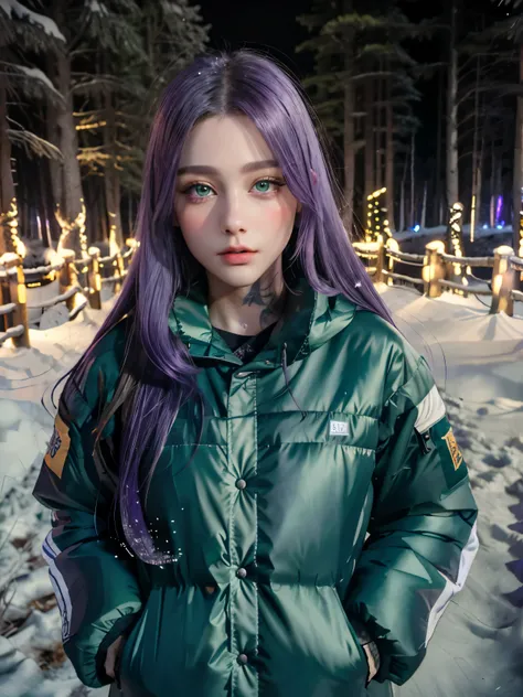 (8k), (highest quality), (best details)purple hair、green eyes、white down jacket、tattoo、straight long hair、Beautiful French woman、night、outdoor、It&#39;s snowing、in the forest