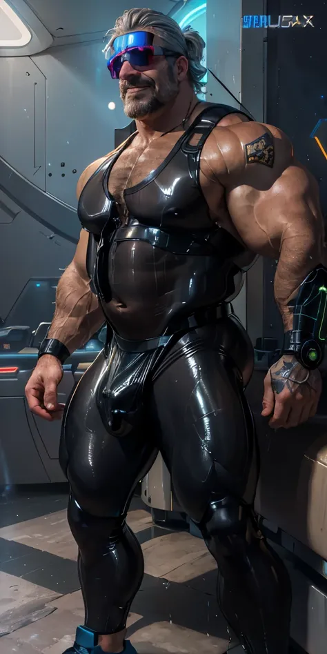 full body portrait, strong burly hairy mature older man(space captain), wearing futuristic captains uniform insignia (neon and black) (open and revealing) (latex) , gray hair, reflective sunglasses (neon yellow rims), broad shoulders, round belly, thick fe...