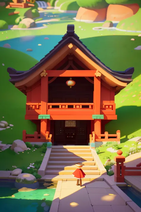 Amidst a scenic Chinese-style inn, adorned with a vibrant red wall, the intricate mortise and tenon structure shines through, reinforced by delicate brackets. A serene sunny day bathes the area in warm light, casting long shadows. A small, graceful bridge ...