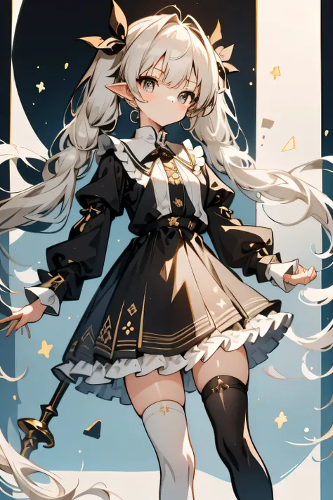 1GIRL, cute girl, finely detailed, (best quality), (intricate details), cute style, healer style, elf girl, dungeons and dragons style, multicolored, ((long white hair in braid)), ((tan skin)), best quality, ((gold and black puffy long sleeve dress)), ((th...