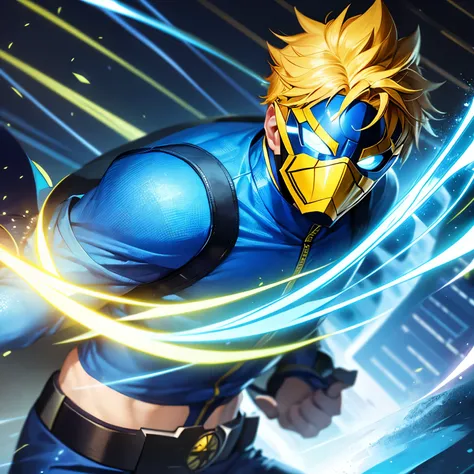 Create a teenage superhero whose uniform is blue with yellow details, his mask doesn&#39;t cover his mouth and he has super speed 