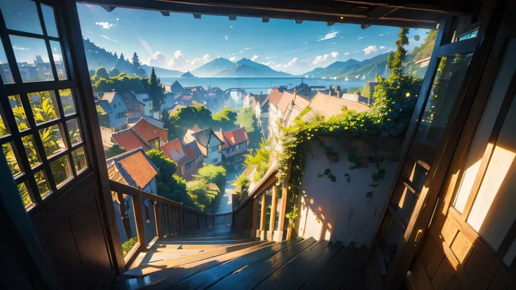 (Masterpiece,Best quality,Ultra high resolution: 1.1),Winning the Best Anime Landscape Wallpaper Award,Beautiful anime wallpaper,A beautiful seaside town anime scene painting,village,(There are many potted plants on the balcony),A peaceful afternoon,Stone ...