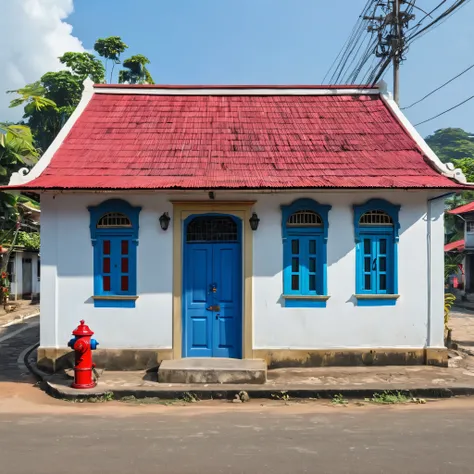 there is a small building with a blue door and a red fire hydrant, old building, arsitektur nusantara, colonial house in background, frontview, old house, front view, front-view, eliran kantor, exterior view, front side view, historical image, front side, ...