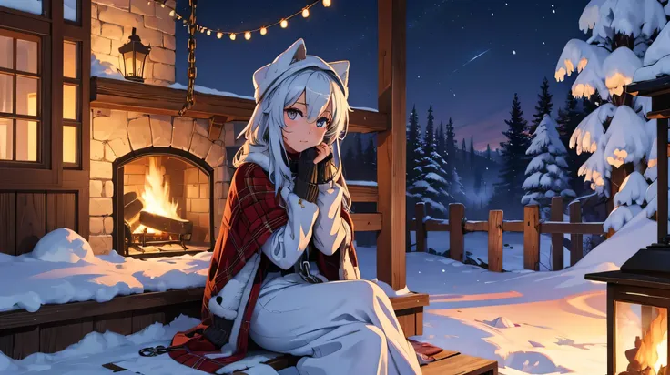 cute girl sitting on a chair, snowy covered porch with chains and a fireplace in the middle, night