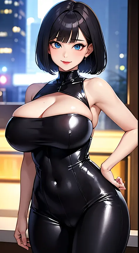 Best Quality, 16K resolution, NSFW, Anime style,ultra-detailliert, hard disk, Beautiful tall and young 24〜28-year-old woman, With dark hair, bob cuts, Wearing only a tight full-body black rubbery suit,  super gigantic breast , Spy Woman, , Red Blood Lipsti...