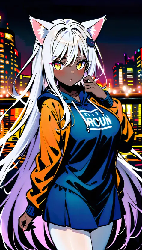 masterpiece, high quality, extremely detailed, 1girl, solo, (dark skin, black skin:2.1), koneko toujou, (huge breasts:1.2), ((((white hair), very long hair, yellow eyes, slit pupils, cat ears))), red lips, (((wearing hoodie, medium skirt, white pantyhose))...