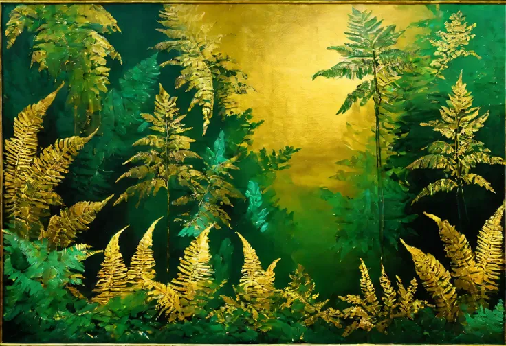 forest theme, ferns and trees, gold leaf on a green background, high definition, gold leaf painting