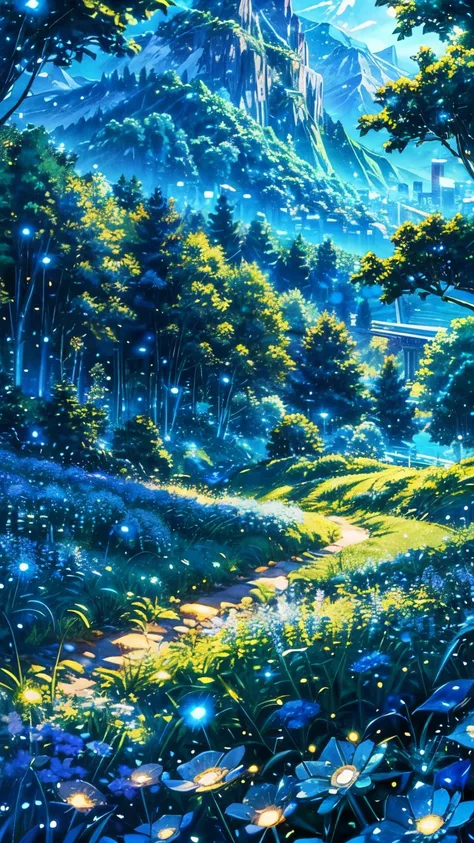 anime inspired greenery landscape alps with bright blue glass like sky shinning twinkling sparkling effect(bokeh effect) (firefl...