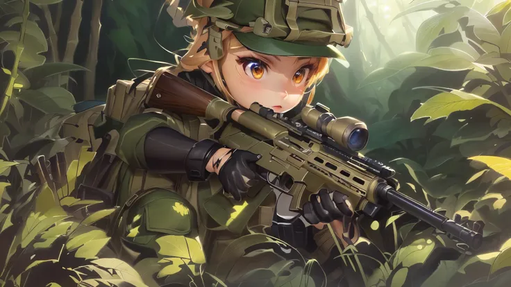 Cartoon character holding a rifle in a jungle with plants and rocks, infantry girl, Soldier girl, Soldier, male Soldier in the forest, Sniper girl in war, portrait of cute Soldier girl, Kushat Kenzi, Loish and Goro Fujita, Maple Story Gun Girl, Detailed ga...