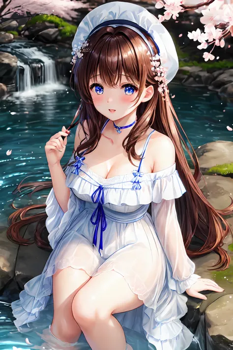 1 female、brown hair、curly hair、blue eyes、thick lips、white dress、off shoulder、slim、valley、beautiful breastountain、Hot Spring Town、cherry blossoms、cherry blossoms吹雪、sunlight、masterpiece、ultra high resolution、perfect lighting、16k