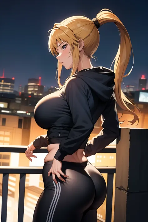 masterpiece, best quality, kaori saeki, ponytail, hair tie, blue hoodie, tight black yoga pants, athletic curves, tight ass, lar...