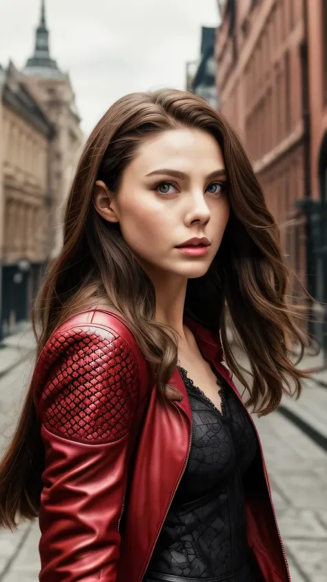 highly detailed female photos, lola elizabeth, scarlet witch, the avengers, wearing a black lace dress, open red leather jacket,...