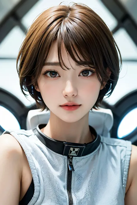 highest quality、masterpiece、ultra high resolution、(real:1.4)、Beautiful woman１、Beautiful details of eyes and skin、light brown short cut hair、small smile、Full space suit、space station、spaceship、cloudy sky、Sci-Fi Taste、