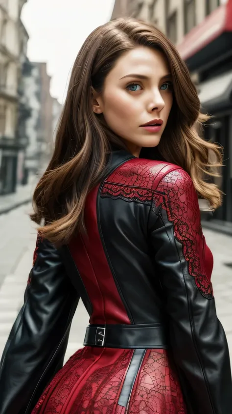 highly detailed female photos, lola elizabeth, scarlet witch, the avengers, wearing a black lace dress, open red leather jacket,...