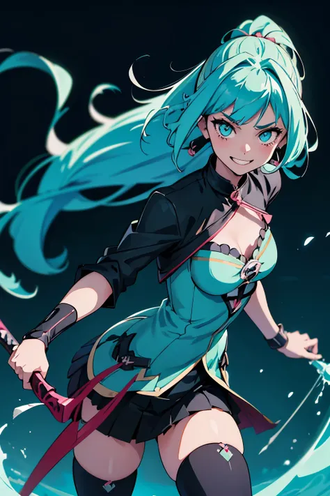 Anime girl with cyan hair and black clothes holding a split blade sword like a whip, she is slightly injured, having just come out of a fight, has an excited smile and a determined look, anime moe art style, art advanced digital anime, gothic maiden anime ...