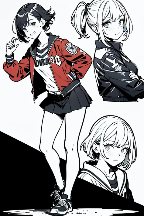 ((best quality)), ((masterpiece)), (detailed), perfect face，black and white comic style，Yusuke Murata style，Cable，Girl with mullet hair，Energetic posture，Wearing a sailor suit under a short leather jacket，The quirky girl，Indifferent girl，Add a little baseb...