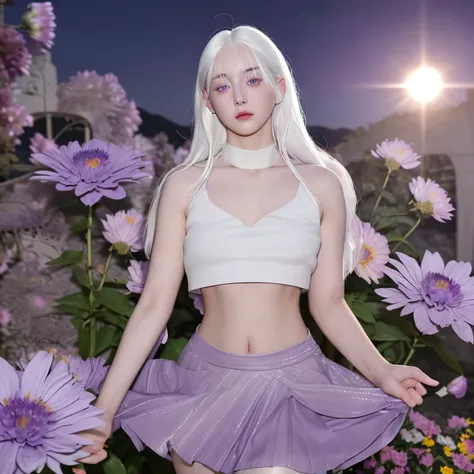 actual, 1 girl, white hair, purple eyes, glowing eyes, crop top, skirt, open lips, blush, night, flowers, sun, sunlight,half naked