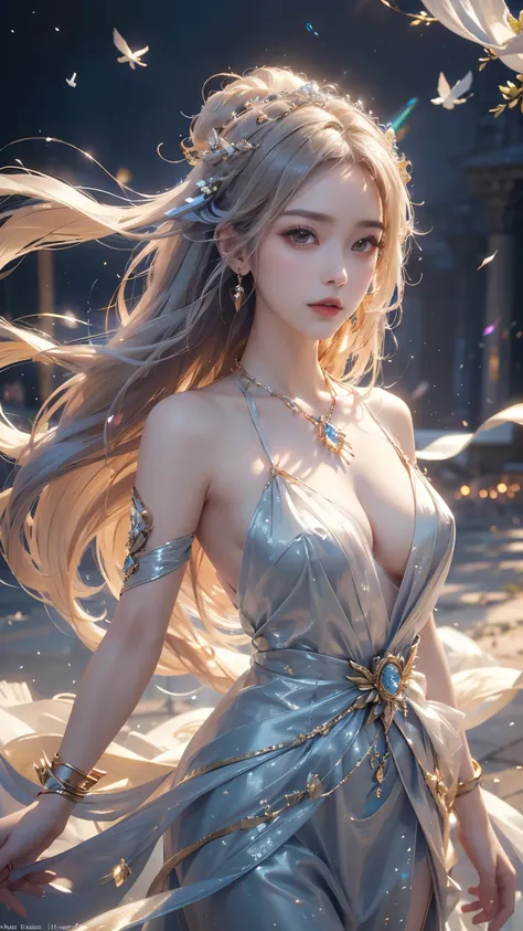 "(masterpiece, highest quality: 1.2), official art, Goddess of the Wind, Long and elegant cascading hair, Floating gracefully in the air, Wearing a silk robe，Flying on the breeze, eye (eye of Aeolus: 1.3), A gentle breeze crowns the, (Elegant white tone: 1...