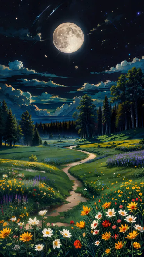 a full moon rises over a field of flowers, moonlight shining on wildflowers, beautiful moon light, full moon background, beautiful moonlight night, yellowish full moon, nighttime nature landscape, field of flowers at night, atmospheric full moon, moonlit n...