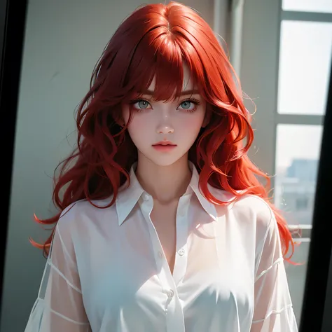 1girl, semi-realistic, red hair, front bangs, long wavy hair, emerald eyes, monolid eyes, sharp eyes, beautiful pretty lady, oversize shirt, upper body, straight face, innocent looks, wides lens, zoom out, looking at viewer, photo studio