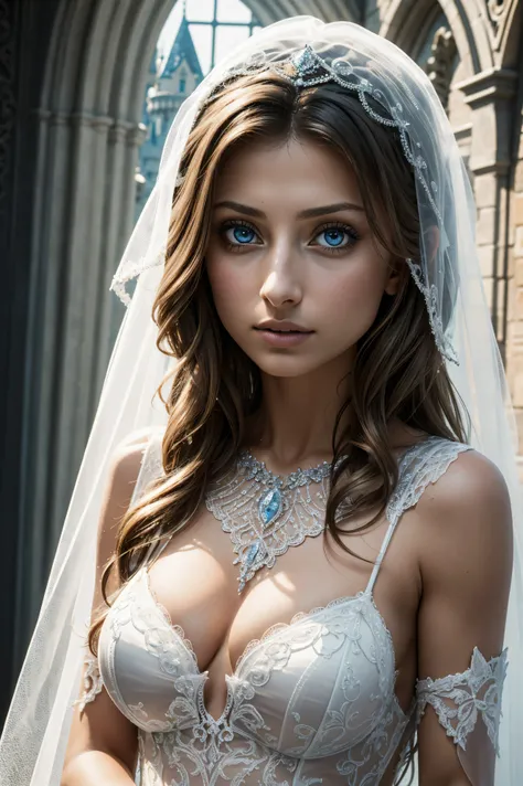 Aly Michalka, wearing veil bride costume transparent. professionally retouched, soft lighting, realistic, smooth face, perfect eyes, sharp focus on eyes, 8 k, high definition, insanely detailed, intricate, elegant. be in front of the Disney castle.