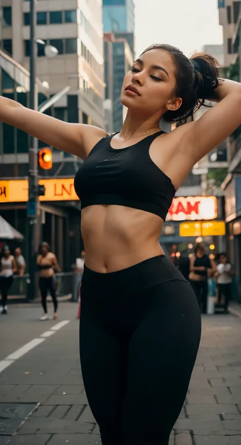 Description: In the heart of a bustling cityscape, a female urban dancer takes center stage amidst the vibrant energy of the streets. With her sleek, ebony hair pulled back into a tight bun, she radiates confidence and grace as she moves to the rhythm of t...