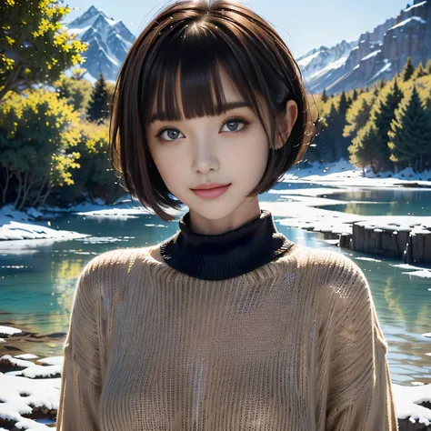 (black one piece knit sweater),((1girl,cute,young,pixie cut beautiful brown hair,blunt bangs,beautiful eyes)),(solo), ((realistic:1.5,Beautiful girl RAW photo)),(looking at the viewer), innocent smile,cinematic lighting and pause,beautiful icy lake and mou...