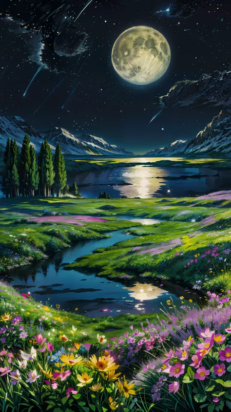 a full moon rises over a field of flowers, moonlight shining on wildflowers, beautiful moon light, full moon background, beautiful moonlight night, yellowish full moon, nighttime nature landscape, field of flowers at night, atmospheric full moon, moonlit n...