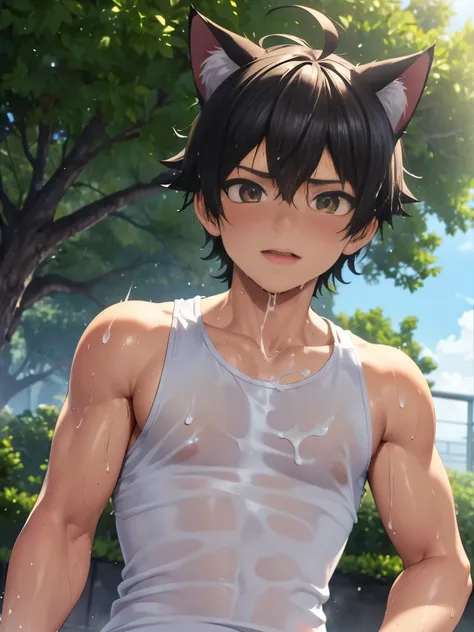 (masterpiece, 3d anime style, more detail, ultra detail), young cat boy, cat ear, tank top, chiseled abs, chiseled pecs, outdoor...