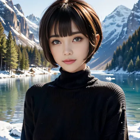 ((black long knit sweater)),face,((1girl,cute,young,pixie cut beautiful brown hair,blunt bangs,beautiful eyes)),(solo), ((realistic:1.5,Beautiful girl RAW photo)),(looking at the viewer), innocent smile,cinematic lighting and pause,beautiful icy lake and m...