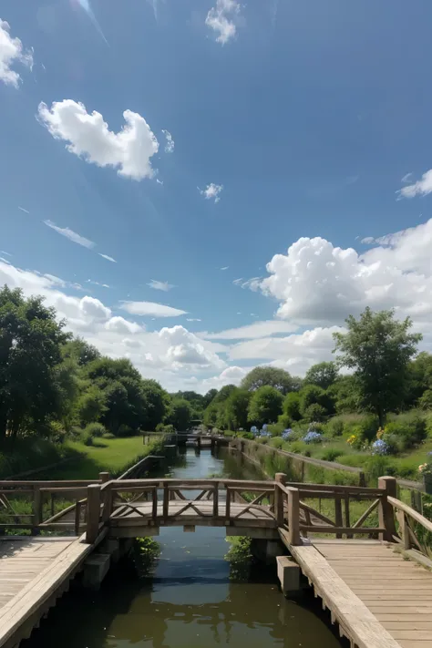 The picture ratio is 16 to 9，Background blue sky and white clouds，Flowering bushes，There is a wooden bridge over flowing water