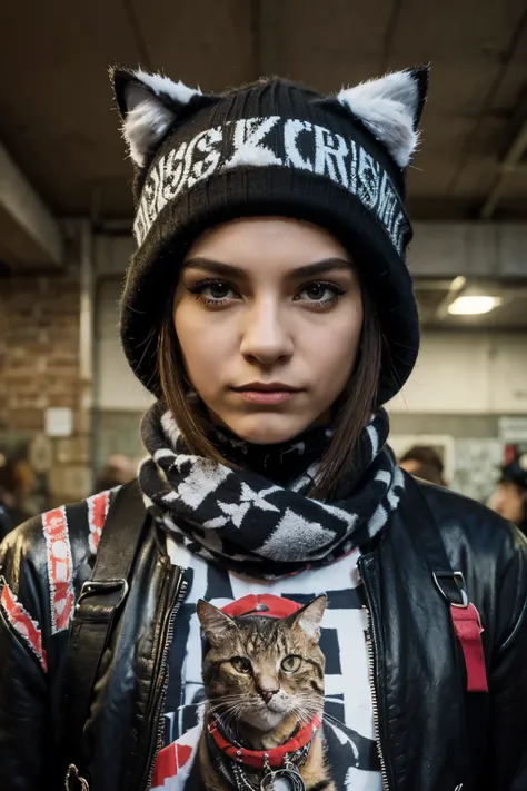 Painting of cat in hat and scarf, trendy in art station, punk dressed, detailed hyper-realistic rendering, British gang members, street style, intimidating pose, planet of cats, trendy clothes, urban samurai, meow, western slavic features, 8 1 5